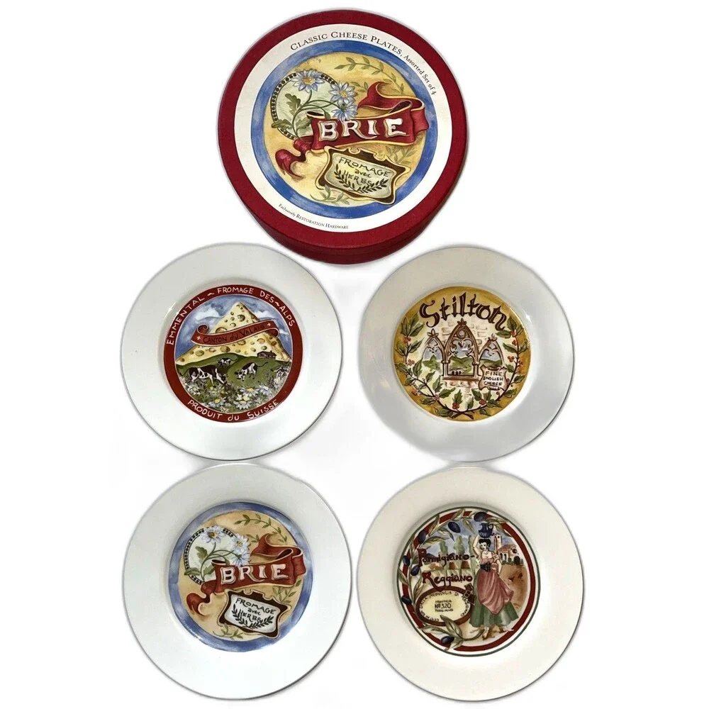 Restoration Hardware Set of 4 Plates CHEESE THEME Lunch Salad Dessert 7 3/4 “